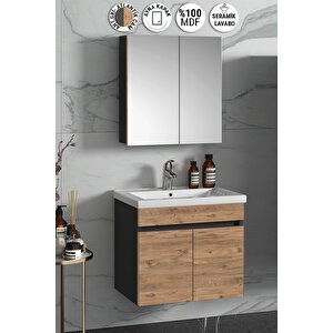 Çiğdem 65 Cm Atlantik Çam-antrasit Gri Mat Mdf Seramik Lavabolu Asma Banyo Dolabı Takımı 65 cm