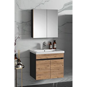 Çiğdem 65 Cm Atlantik Çam-antrasit Gri Mat Mdf Seramik Lavabolu Asma Banyo Dolabı Takımı 65 cm