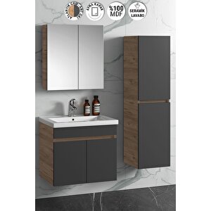 Çiğdem 55+35 Cm Atlantik Çam- Antrasit Gri Mat Mdf Seramik Lavabolu Asma Banyo Dolabı Takımı 55 cm
