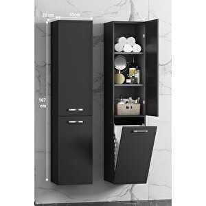 Yeni Boy 35*167 Cm Antrasit Gri Mat Mdf Sepetli Asma Banyo Boy Dolabı