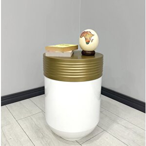 Elegant Dekoratif Eskitme Darbuka Parlak Beyaz Sehpa 60cm