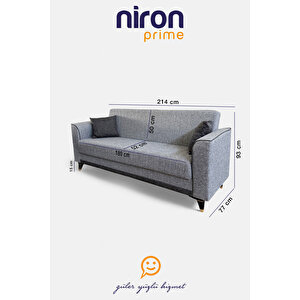 Niron Sandıklı Yataklı 3'lü Kanepe - Gri Keten Kumaşlı Yüksek Ayaklı Çekyat, Üç Kişilik Koltuk