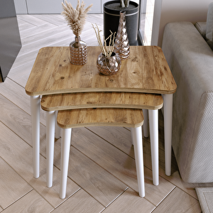 Algan 3'lü Zigon Sehpa Modern Beyaz Ahşap Ayaklı Salon Seti Çam Atlantik Çam