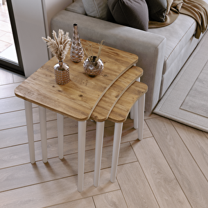 Algan 3'lü Zigon Sehpa Modern Beyaz Ahşap Ayaklı Salon Seti Çam Atlantik Çam