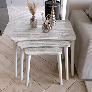 Algan 3'lü Zigon Sehpa Modern Beyaz Ahşap Ayaklı Salon Seti Kristal Kristal