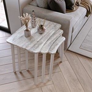Algan 3'lü Zigon Sehpa Modern Beyaz Ahşap Ayaklı Salon Seti Kristal Kristal