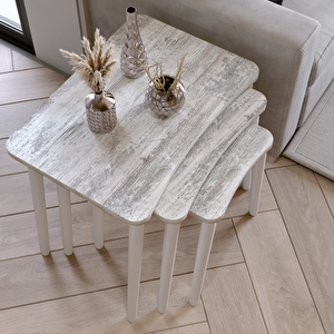 Algan 3'lü Zigon Sehpa Modern Beyaz Ahşap Ayaklı Salon Seti Kristal Kristal