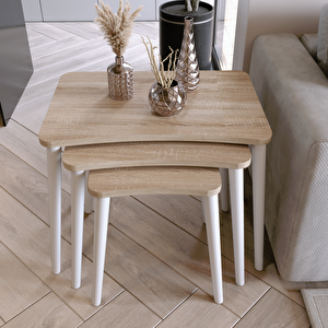 Algan 3'lü Zigon Sehpa Modern Beyaz Ahşap Ayaklı Salon Seti Sonoma Sonomo