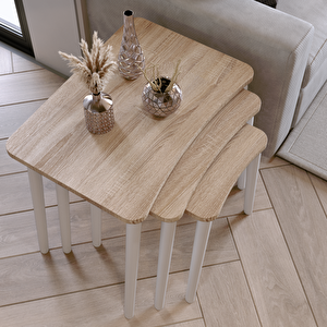 Algan 3'lü Zigon Sehpa Modern Beyaz Ahşap Ayaklı Salon Seti Sonoma Sonomo