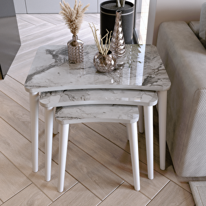 Algan 3'lü Zigon Sehpa Modern Beyaz Ahşap Ayaklı Salon Seti Beyaz Mermer Beyaz Mermer