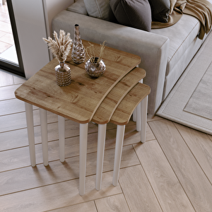 Algan 3'lü Zigon Sehpa Modern Beyaz Ahşap Ayaklı Salon Seti Ceviz Ceviz