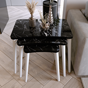 Algan 3'lü Zigon Sehpa Modern Beyaz Ahşap Ayaklı Salon Seti Siyah Mermer Siyah Mermer