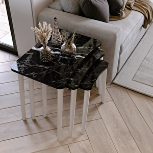 Algan 3'lü Zigon Sehpa Modern Beyaz Ahşap Ayaklı Salon Seti Siyah Mermer Siyah Mermer