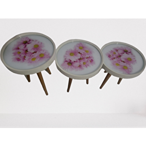 Zigon19628 Sehpa Çember Pembe Karanfi̇l Model Kayın Retro Ceviz 3 Ayak Üstü Cam