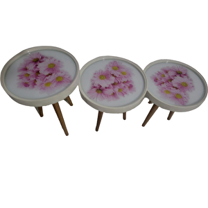 Zigon19628 Sehpa Çember Pembe Karanfi̇l Model Kayın Retro Ceviz 3 Ayak Üstü Cam