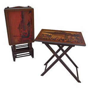 Çanta 17991 Zigon Sehpa Resimli Model Kayın  Ayak Parlak Ceviz Natüre El Yapım