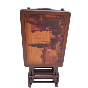 Çanta 17991 Zigon Sehpa Resimli Model Kayın  Ayak Parlak Ceviz Natüre El Yapım
