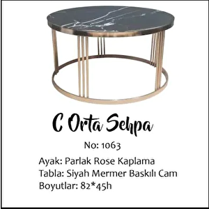 Brc 19454 Orta Sehpa C Siyah Mermer Temper Cam Metal Rose Kaplama Ayak El Yapım