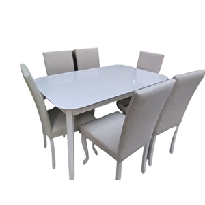 Masa-sandalye 18579 Muz Model Açıl Tabla Beyaz Giydirm Keten Kumaş 6ad El Yapım