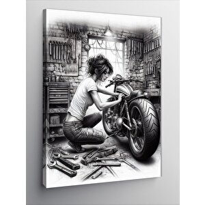 Kanvas Tablo Motorsiklet Tamircisi Kadın 100x140 cm