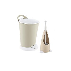 Penguen Pedallı Çöp Kovası Ve Klozet Fırçası Set Latte