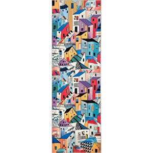 Carnival Renkli Napoli Evleri Desenli Yolluk Koridor Halı Yıkanabilir Şönil Mutfak Halısı 75x300 cm