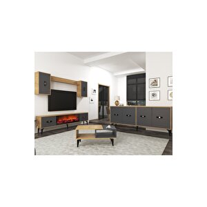 Flydh 180 Cm Şömi̇neli̇(b) Tv Üni̇tesi̇, Konsol(kx180) Ve Orta Sehpa Salon Takimi Safi̇rmeşe Antrasi̇t