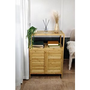 Bambu Çift Kapaklı 2 Raflı Çok Amaçlı  Düzenleyici Organizer Yatay Dolap Jw-26720