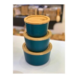 Bambu Kapaklı Granit Saklama Kabı Seti 12/14/16 Cm Men Yeşil