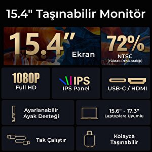 Npo Npm3 15.4" Fhd 1080p Ips Type-c Taşınabilir Dizüstü Tek Monitör Çoklayıcı Notebook Monitör