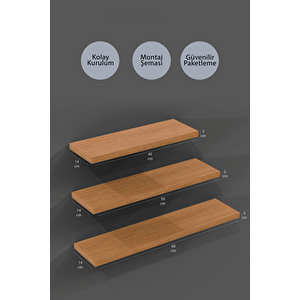 40 Cm 50 Cm 60 Cm 3lü Safir Meşe Mdf Uçan Duvar Rafı Gizli Bağlantı Kitaplık