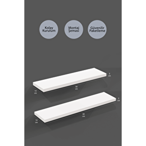 50 Cm 60 Cm 2li Mat Beyaz Mdf Uçan Duvar Rafı Gizli Bağlantı Kitaplık