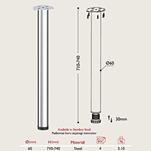 Masa Ayağı - 60mm Çeşitli Renkler 71cm (4 Adet) Krom Kaplama Krom