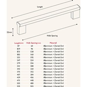 Aluminyum Çekmece Kapak Kulpu Sıra Kulp (2 Adet) 224 Mm