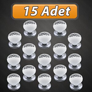 15 Adet Hanımeli Kulp Beyaz Polimer Düğme Kulp Krom Tablalı Mobilya Mutfak Dolabı Çekmece Kulbu Kulpları