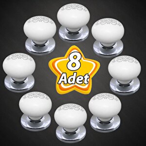 8 Adet Hanımeli Kulp Beyaz  Polimer Düğme Kulp Krom Tablalı Mobilya Mutfak Dolabı Çekmece Kulbu Kulpları