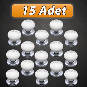 15 Adet Hanımeli Kulp Beyaz  Polimer Düğme Kulp Krom Tablalı Mobilya Mutfak Dolabı Çekmece Kulbu Kulpları