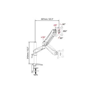 Digitus Ekran Taşıyabilen Askı Aparatı, Gaz Basınçlı Yaya Sahip, Kelepçe Dahil, Maksimum 27 Inç Ekran, Yukarı Aşağı Hareket -90/+8