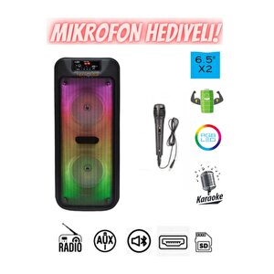 Karaoke Kablosuz Hoparlör 6.5"x2 Büyük Boy Bluetooth Speaker Mikrofon Işıklı Parti Fmradyo Aux Usb