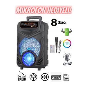 Kablosuz Hoparlör 8 Inç Büyük Boy Bluetooth Speaker Karaoke Mikrofon Işıklı Parti Fmradyo Aux Sd Usb