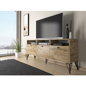 Wood'n Love Rhea 160 Cm Dolaplı, Minifiks Bağlantı, Geniş Tv Ünitesi - Konsol - Atlantik Çam / Siyah