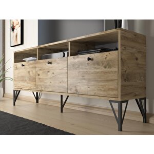 Wood'n Love Rhea 160 Cm Dolaplı, Minifiks Bağlantı, Geniş Tv Ünitesi - Konsol - Atlantik Çam / Siyah