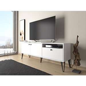 Wood'n Love Atoka 160 Cm Metal Ayaklı Dolaplı, Minifiks Bağlantı Tv Ünitesi - Beyaz / Siyah