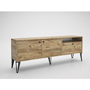 Wood'n Love Atoka 160 Cm Metal Ayaklı Dolaplı, Minifiks Bağlantı Tv Ünitesi - Atlantik Çam / Siyah