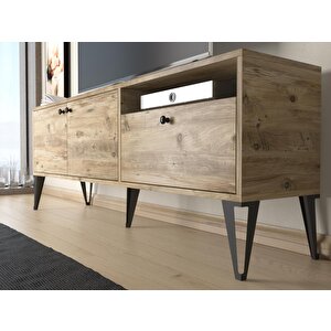 Wood'n Love Atoka 160 Cm Metal Ayaklı Dolaplı, Minifiks Bağlantı Tv Ünitesi - Atlantik Çam / Siyah