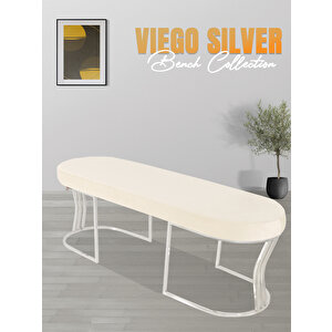 Viego Silver Smooth Bench Lüks Metal Gümüş Ayak, Chester Model Yatak Ucu Puf Beyaz