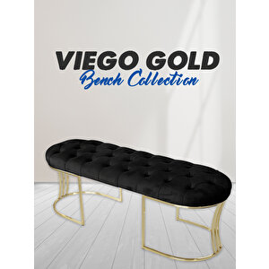 Viego Gold Puf - Lüks Metal Gold Ayak, Chester Model Yatak Ucu Bench Puf Siyah