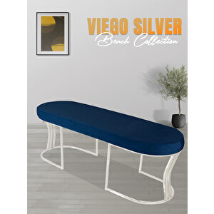 Viego Silver Smooth Bench Lüks Metal Gümüş Ayak, Chester Model Yatak Ucu Puf Mavi