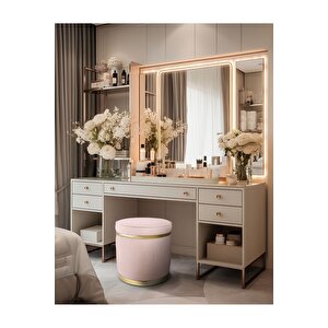 Zerafet Gold Kaplama Luxery Puf, Pofuduk Puf, Makyaj Koltuğu Pembe