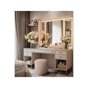 Diana Slim Line Luxury Puf  Silindir, Dekoratif Makyaj Masası Pufu Krem